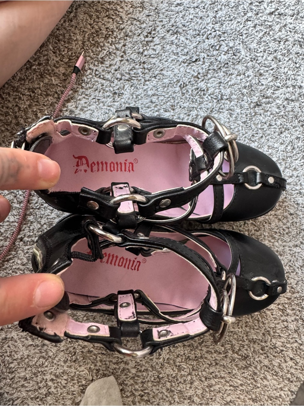Demonia Black Platform Strappy Heels with Pink Insole & Silver Pentagram Charms - Picture 5 of 5